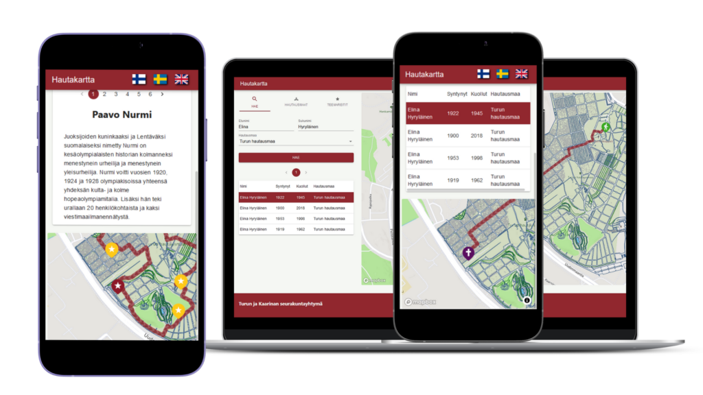 Hautakartta.fi-palvelun näkymiä mobiilisovelluksessa sekä tietokoneella